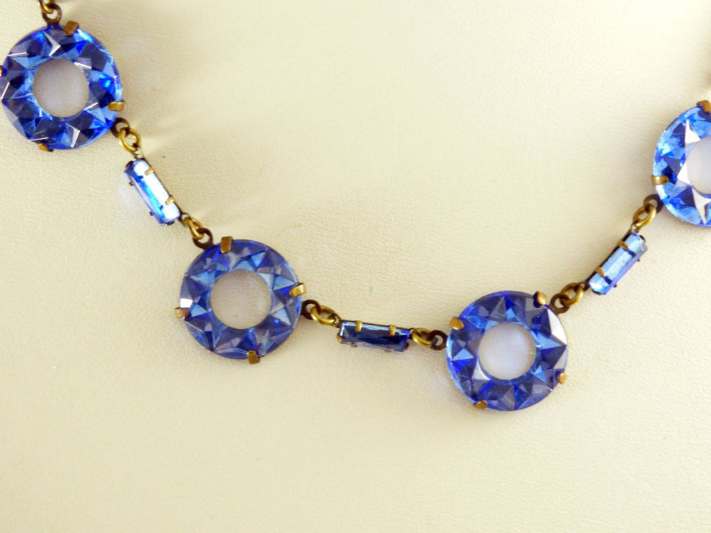 Antique Art Deco Sapphire Rhinestone Geometric Necklace Choker, Vauxhall glass - Vintage Lane Jewelry