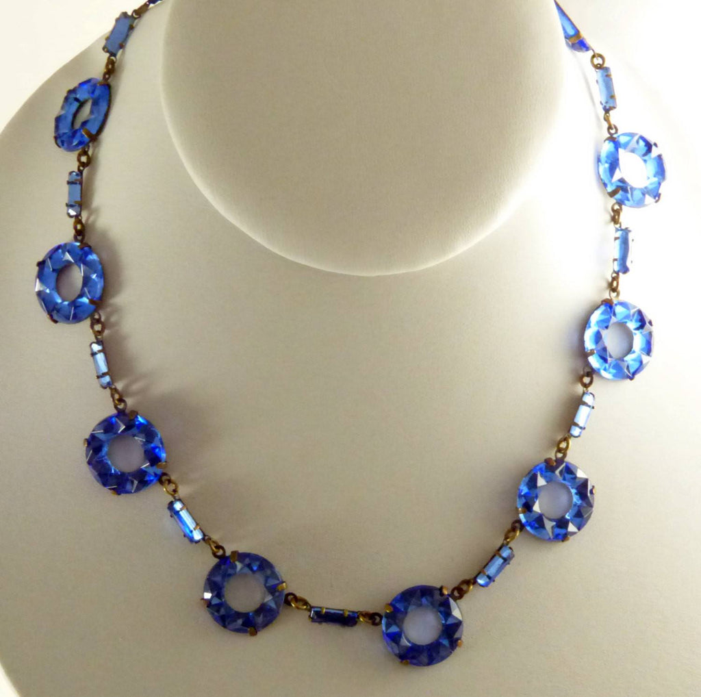 Antique Art Deco Sapphire Rhinestone Geometric Necklace Choker, Vauxhall glass