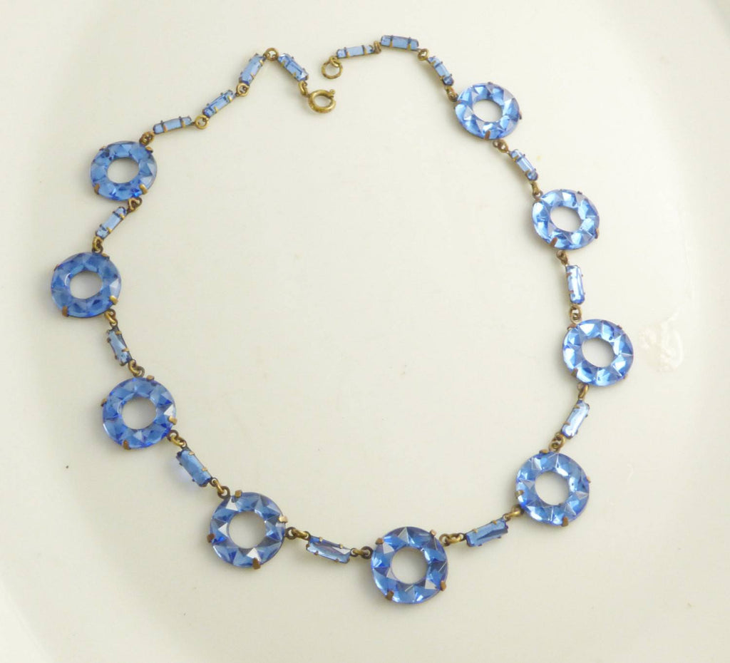 Antique Art Deco Sapphire Rhinestone Geometric Necklace Choker, Vauxhall glass - Vintage Lane Jewelry