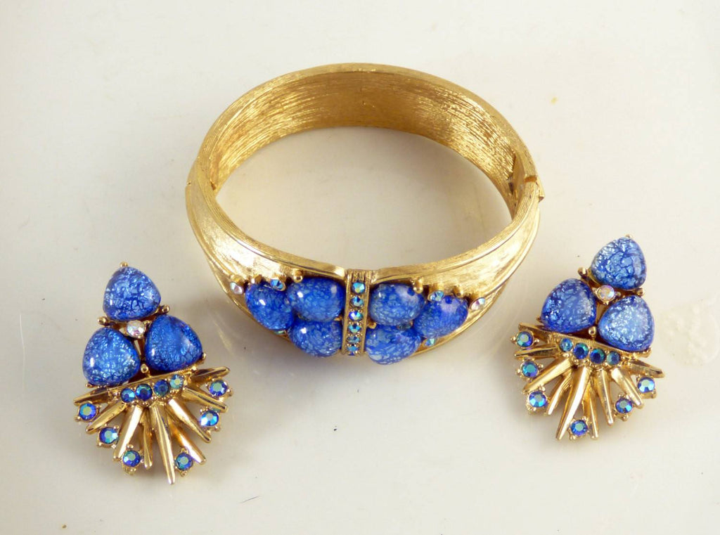 Vintage Charel Blue Confetti Rhinestone Bracelet and Clip Earring Set