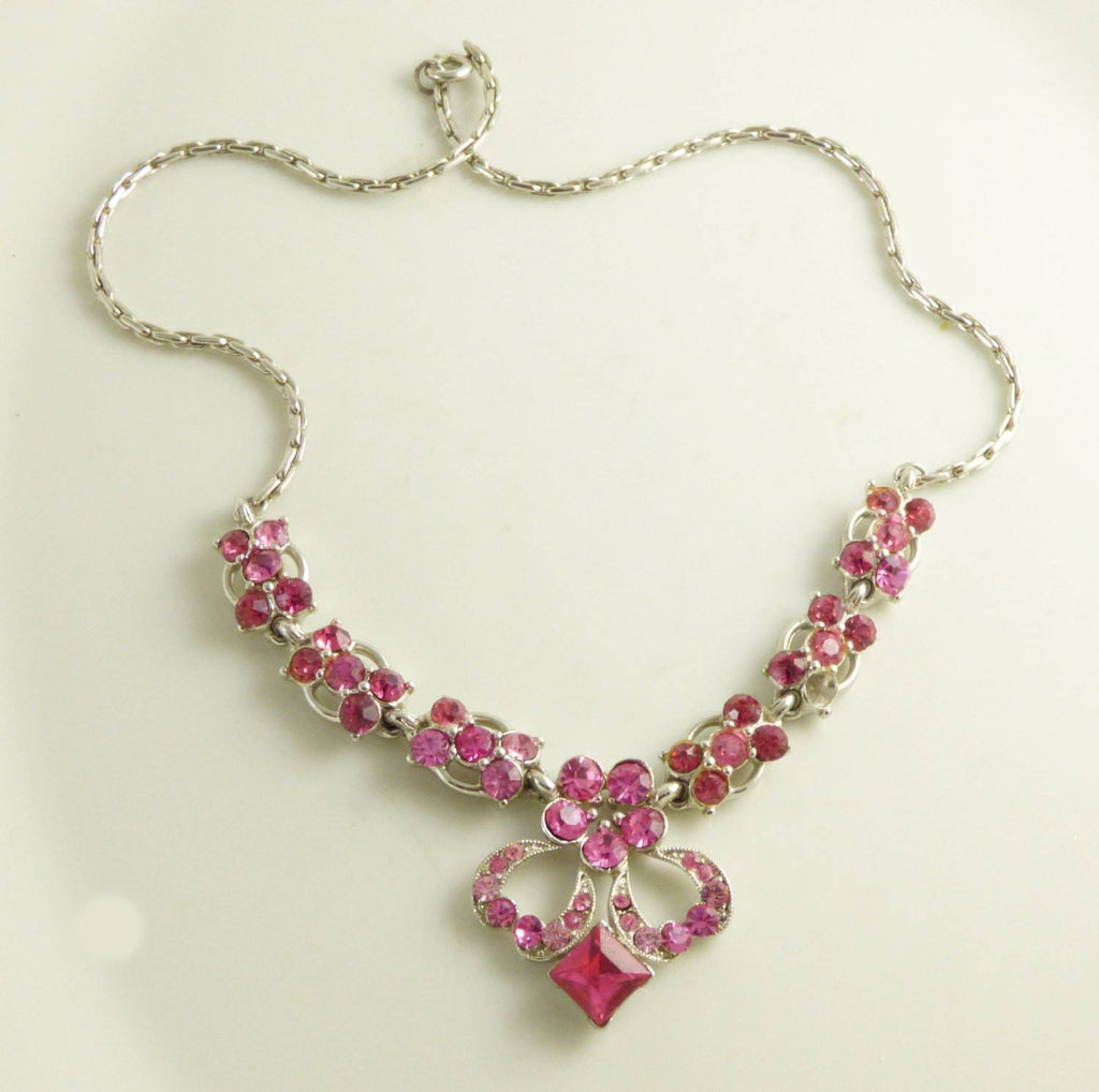 Vintage Bogoff Hot Pink Rhinestone Flower Necklace