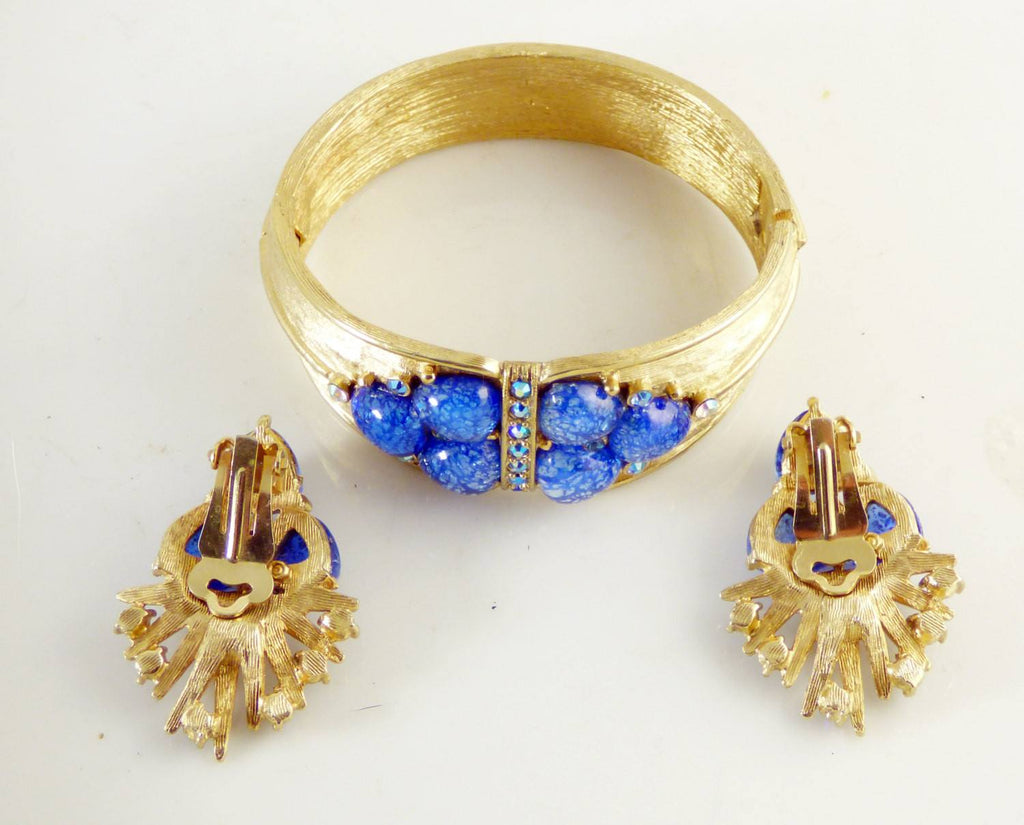 Vintage Charel Blue Confetti Rhinestone Bracelet and Clip Earring Set - Vintage Lane Jewelry