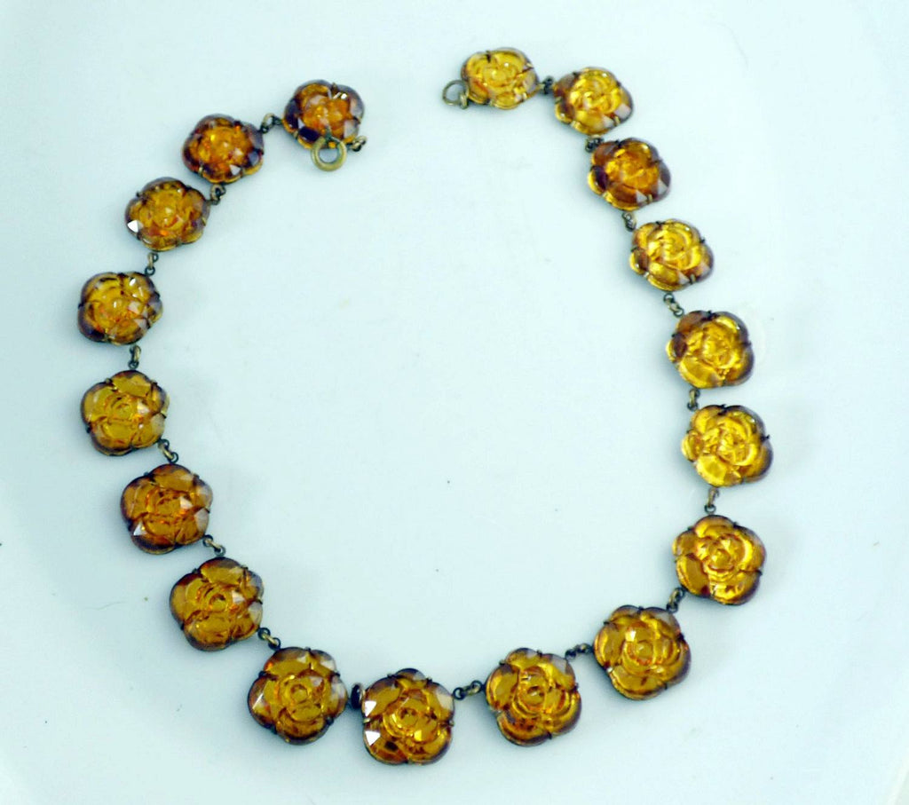 Vauxhall Antique Art Deco Floral Molded Amber Glass Choker Necklace