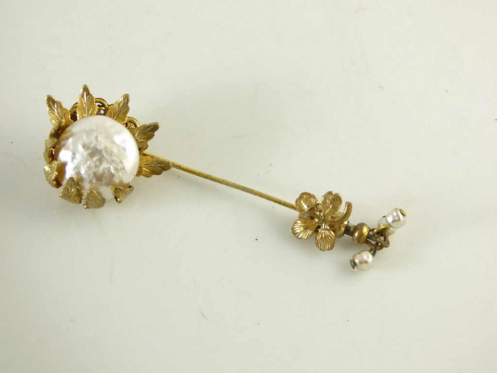 Miriam Haskell Baroque Glass Pearl Russian Gold Floral Stick Pin, Hat Pin