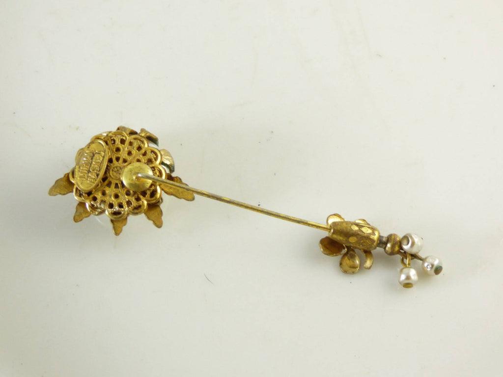 Miriam Haskell Baroque Glass Pearl Russian Gold Floral Stick Pin, Hat Pin - Vintage Lane Jewelry