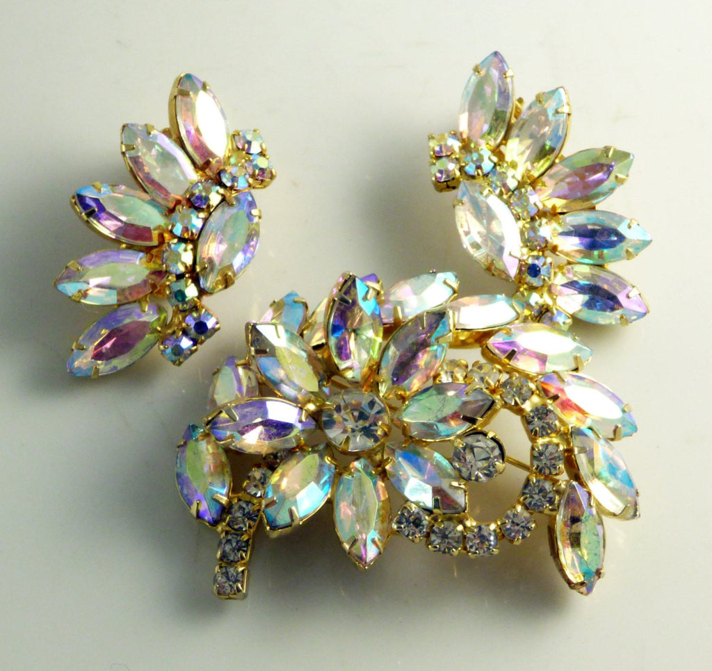 Borealis Rhinestone Floral Demi Parure, Clip Earrings, AB Rhinestones