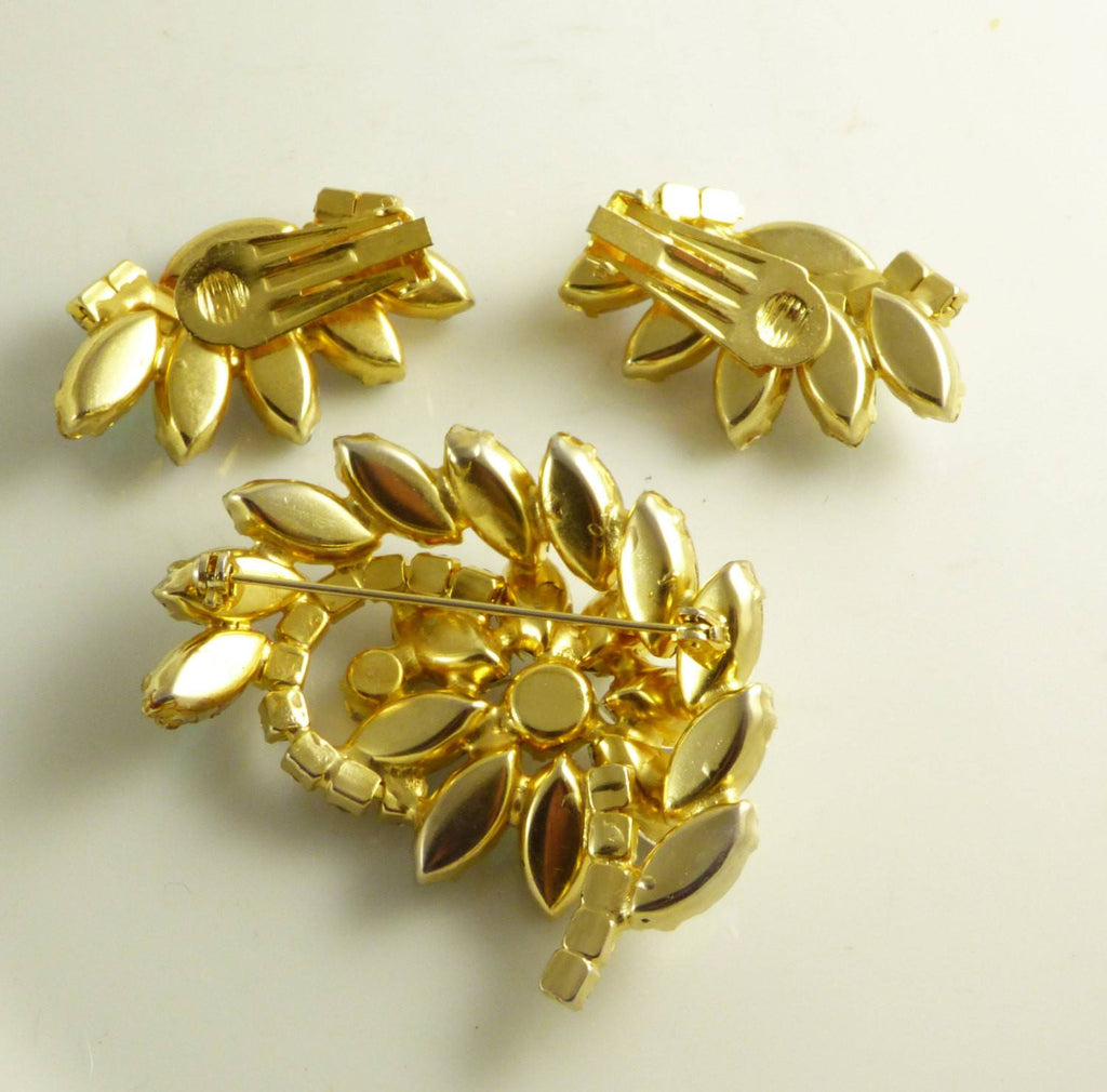 Borealis Rhinestone Floral Demi Parure, Clip Earrings, AB Rhinestones - Vintage Lane Jewelry