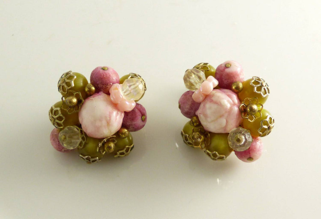 Vintage Hobe Chunky Parure, Pink, Olive Green and Clear Beads, Matching Necklace, Bracelet and Clip Earrings - Vintage Lane Jewelry
