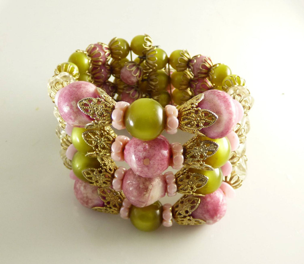 Vintage Hobe Chunky Parure, Pink, Olive Green and Clear Beads, Matching Necklace, Bracelet and Clip Earrings - Vintage Lane Jewelry