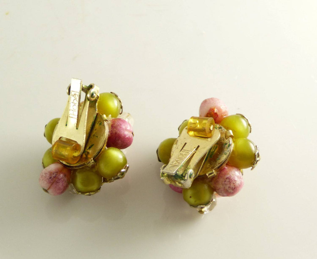 Vintage Hobe Chunky Parure, Pink, Olive Green and Clear Beads, Matching Necklace, Bracelet and Clip Earrings - Vintage Lane Jewelry