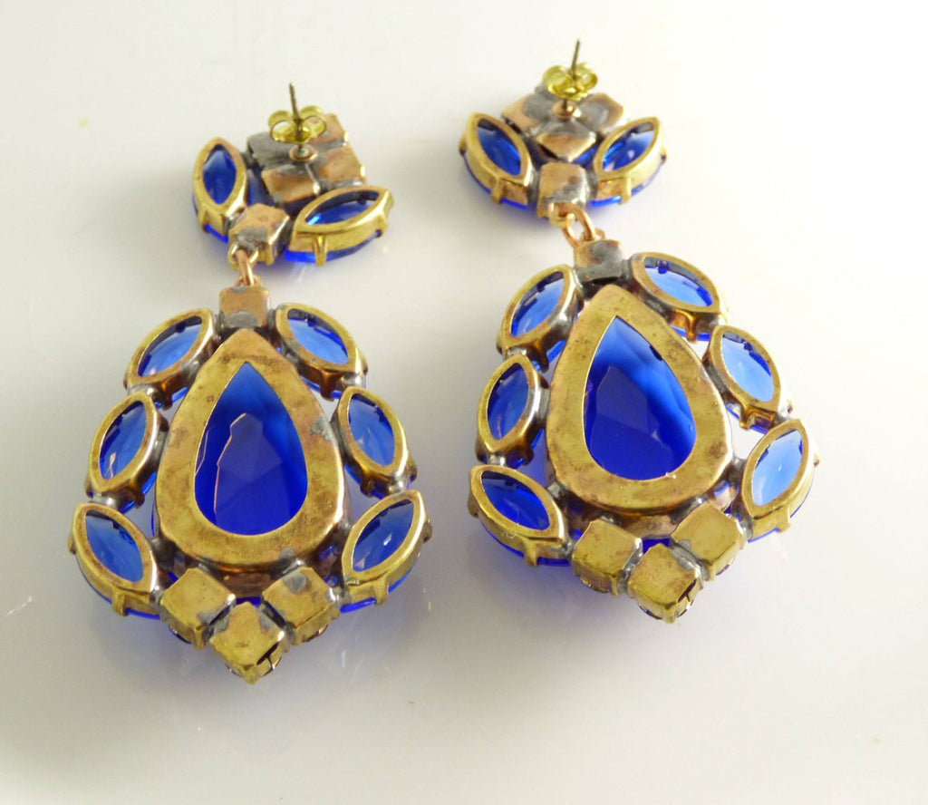 Blue Czech Glass Huge Dangling Pierced Style Earrings - Vintage Lane Jewelry