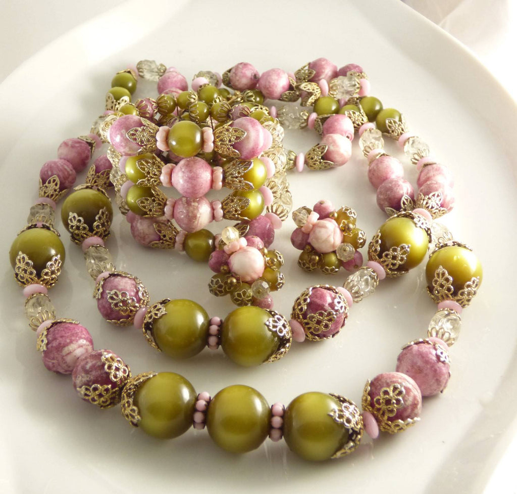 Vintage Hobe Chunky Parure, Pink, Olive Green and Clear Beads, Matching Necklace, Bracelet and Clip Earrings