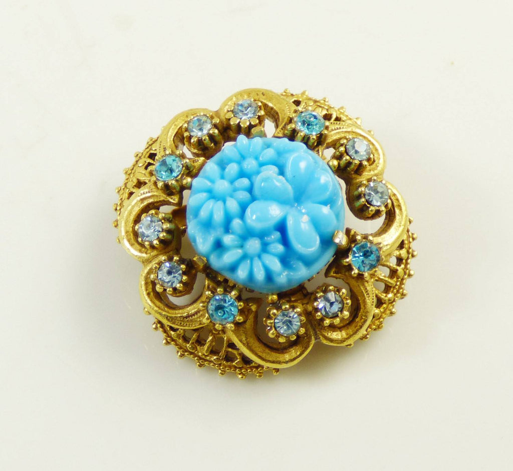 Florenza Blue Molded Floral Glass Rhinestone Brooch