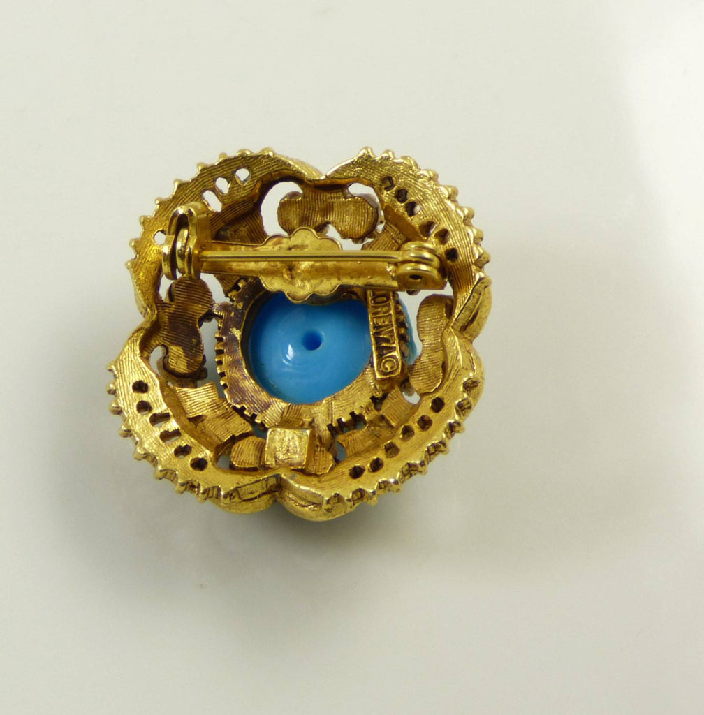 Florenza Blue Molded Floral Glass Rhinestone Brooch - Vintage Lane Jewelry