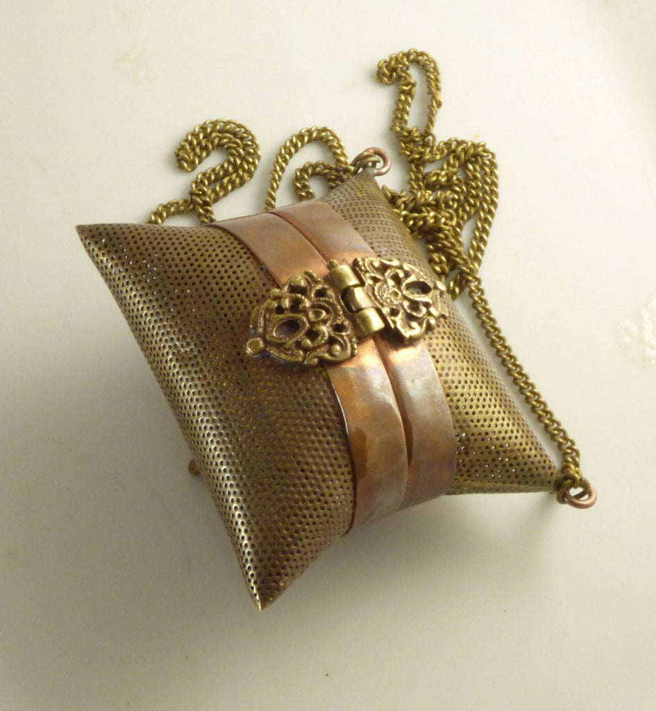 Antique Brass Pillow Purse Edwardian Locket - Vintage Lane Jewelry