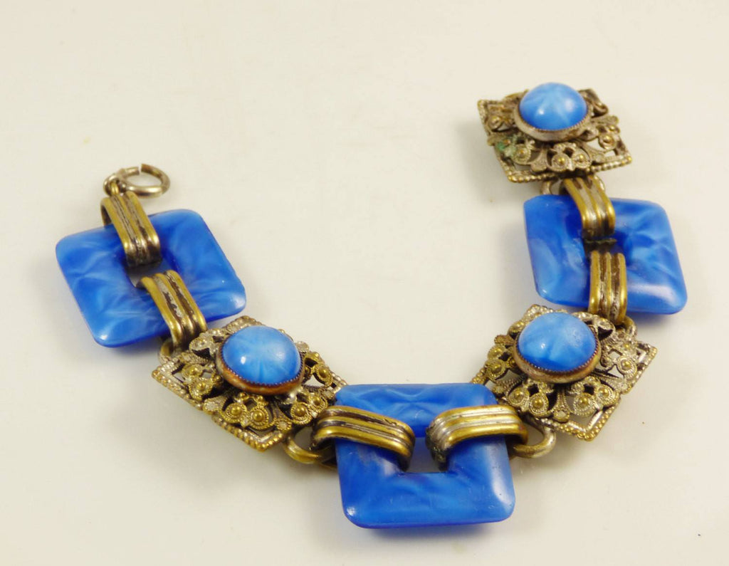 Czech Deco Nouveau Star Sapphire Glass Brass Bracelet