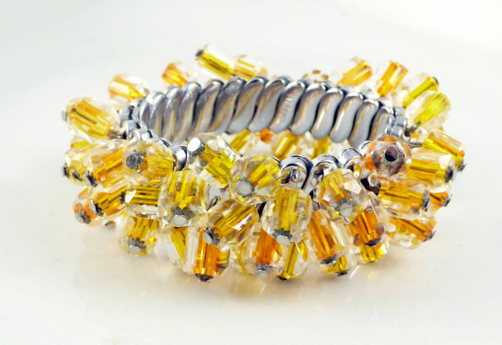Vintage Signed Japan Topaz, Yellow Crystal Cha Cha Bangle Expansion Bracelet