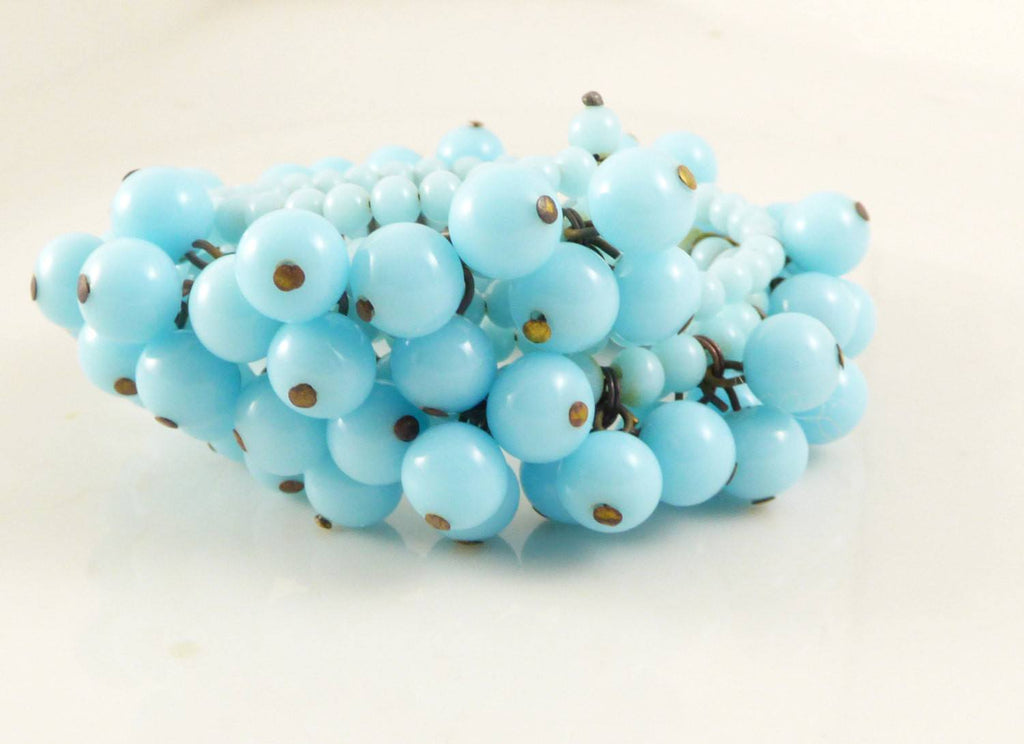 Vintage Czech Style Aqua Blue Glass Bead Cha Cha Expansion Bangle Bracelet