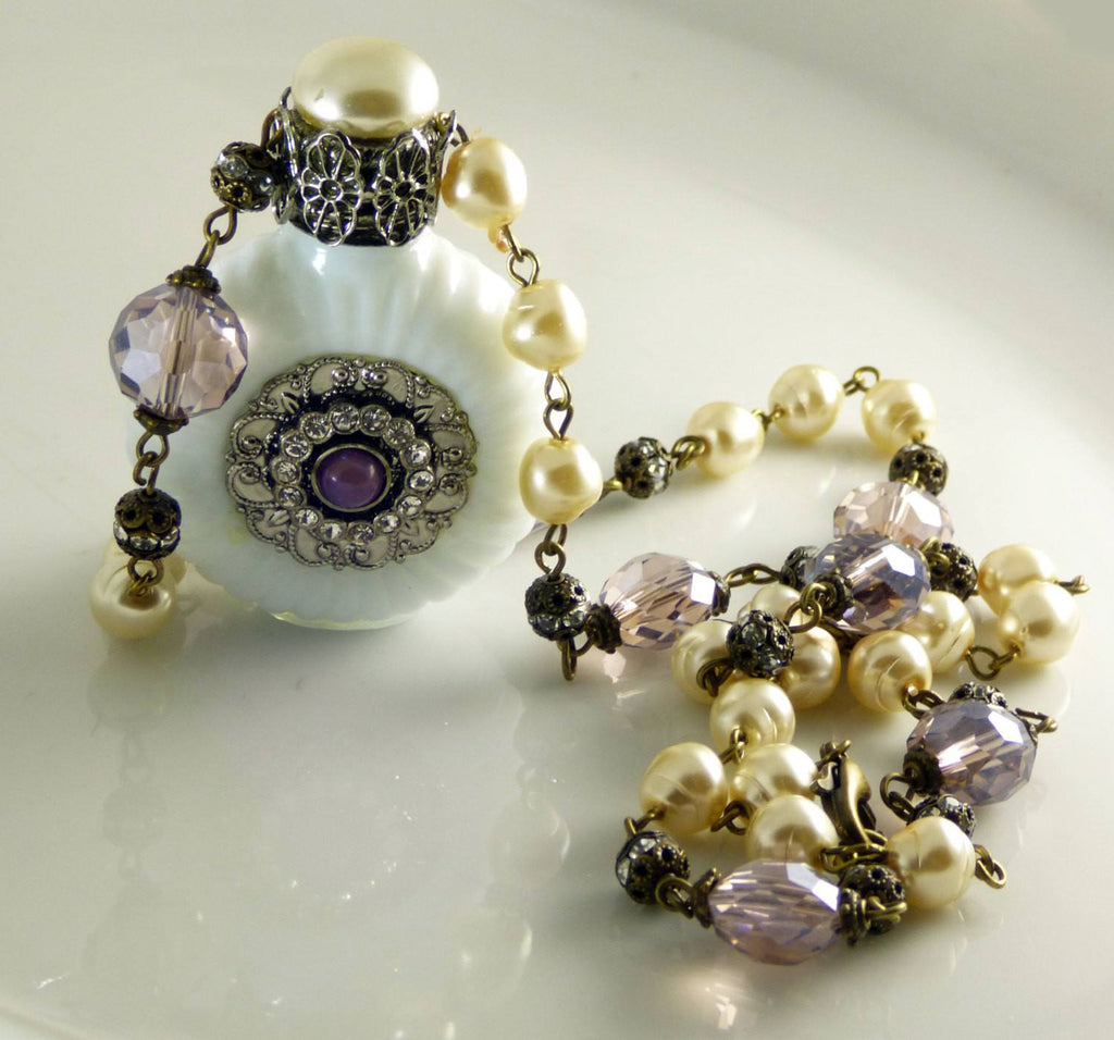 Vintage Czech Milk Glass Perfume Bottle Necklace, Baroque Pearl and Lavender Bead
