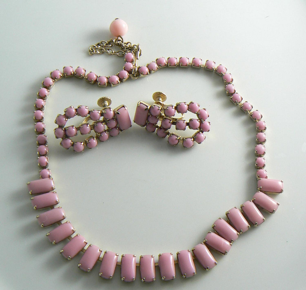 Pink Milk Glass Necklace Earring Set