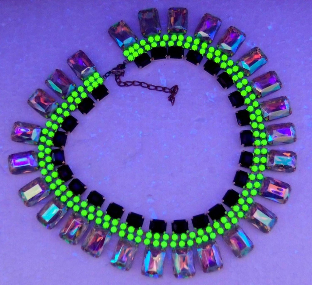 Czech Glass Taboo Statement Vaseline Uranium Bib Style Necklace - Vintage Lane Jewelry