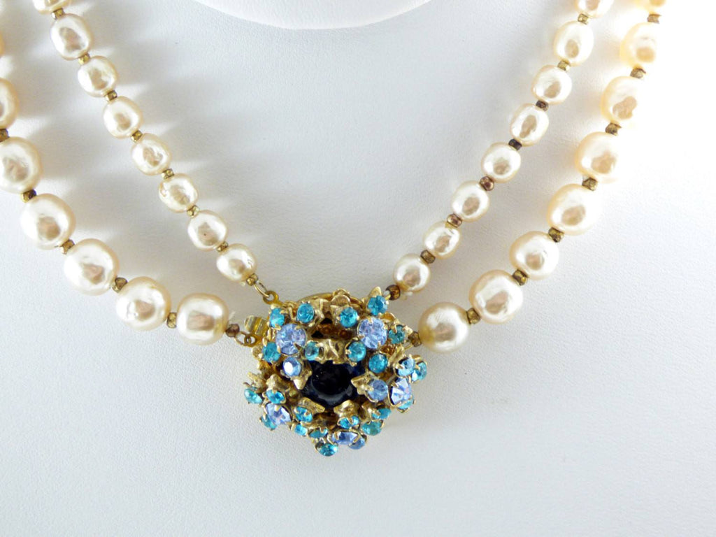 Miriam Haskell Baroque Glass Pearl Necklace, Choker, Rhinestone clasp