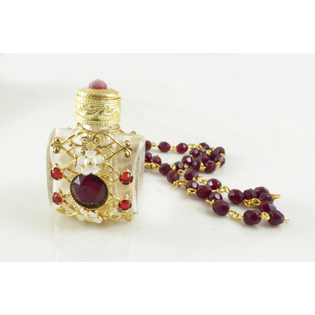 Vintage Czech Glass Filigree Perfume Bottle Necklace