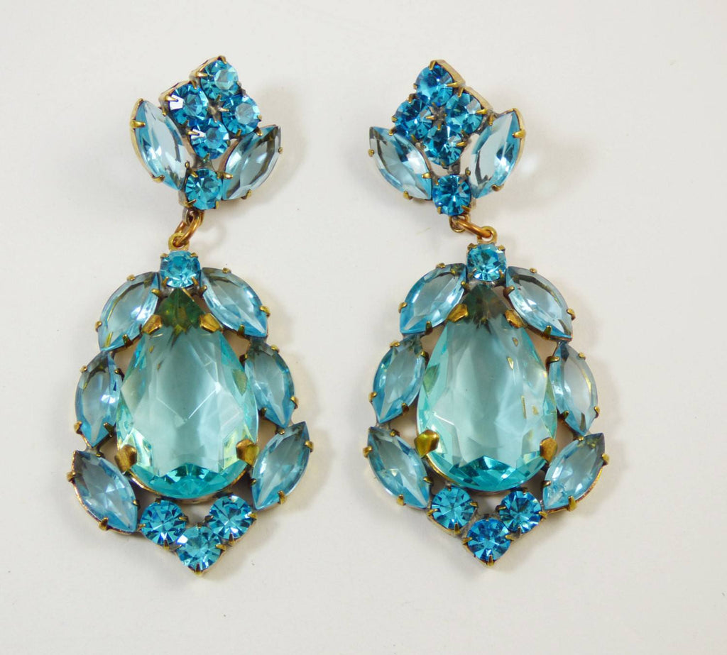 Aqua Czech Glass Huge Dangling Pierced Earrings
