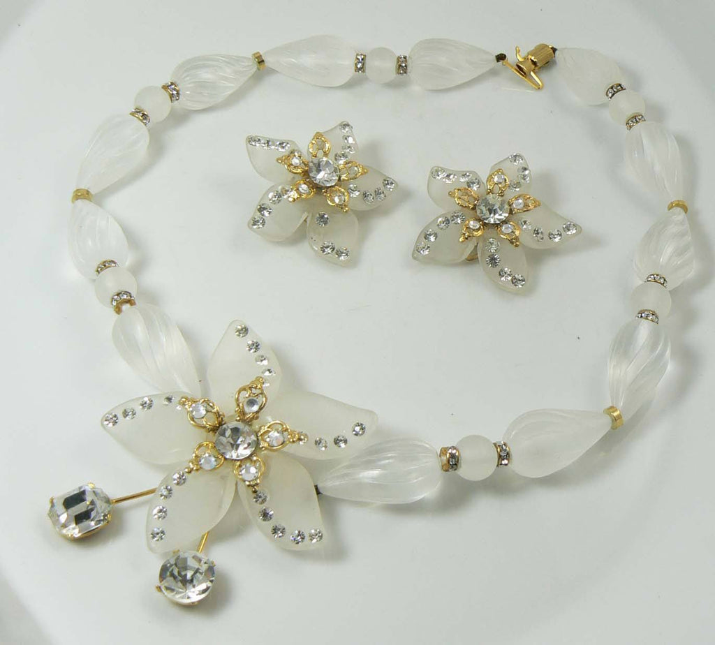 Femmina Frosted Lucite Sparkling Ice Rhinestone Necklace Clip Earring Set
