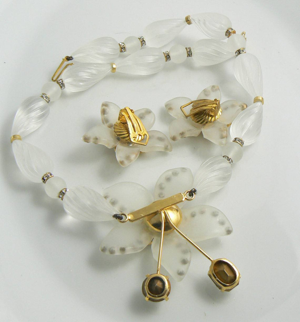 Femmina Frosted Lucite Sparkling Ice Rhinestone Necklace Clip Earring Set - Vintage Lane Jewelry