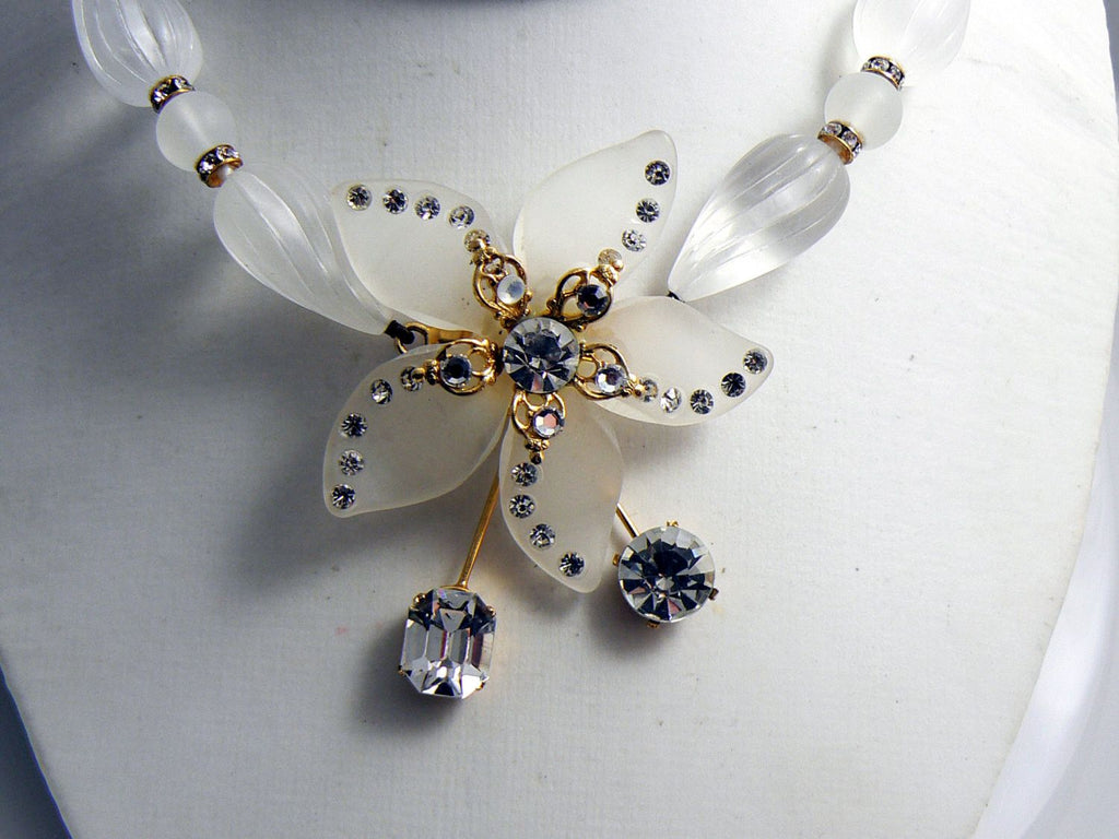Femmina Frosted Lucite Sparkling Ice Rhinestone Necklace Clip Earring Set - Vintage Lane Jewelry