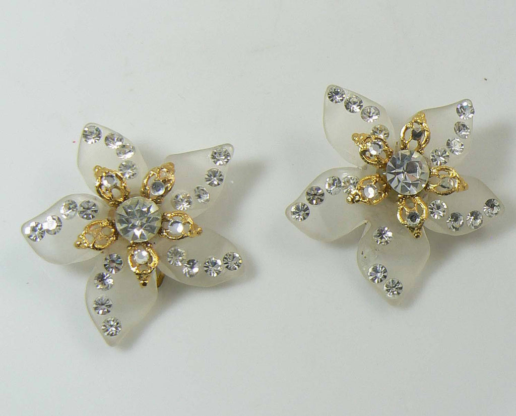 Femmina Frosted Lucite Sparkling Ice Rhinestone Necklace Clip Earring Set - Vintage Lane Jewelry