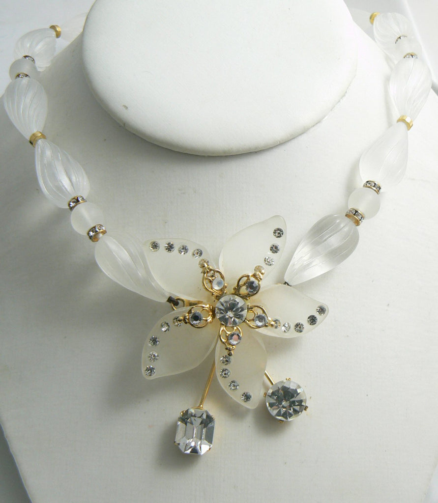 Femmina Frosted Lucite Sparkling Ice Rhinestone Necklace Clip Earring Set - Vintage Lane Jewelry