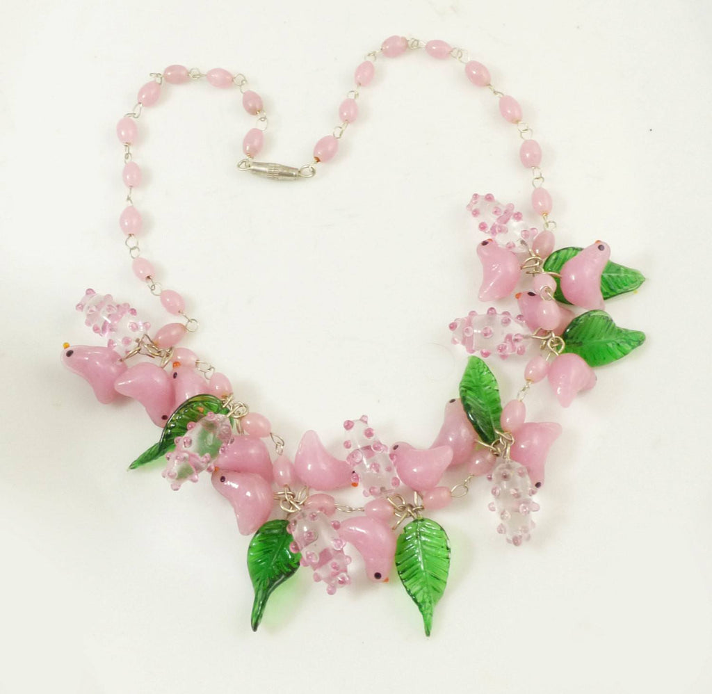 Murano Dusty Pink Glass Birds and Leaves Necklace