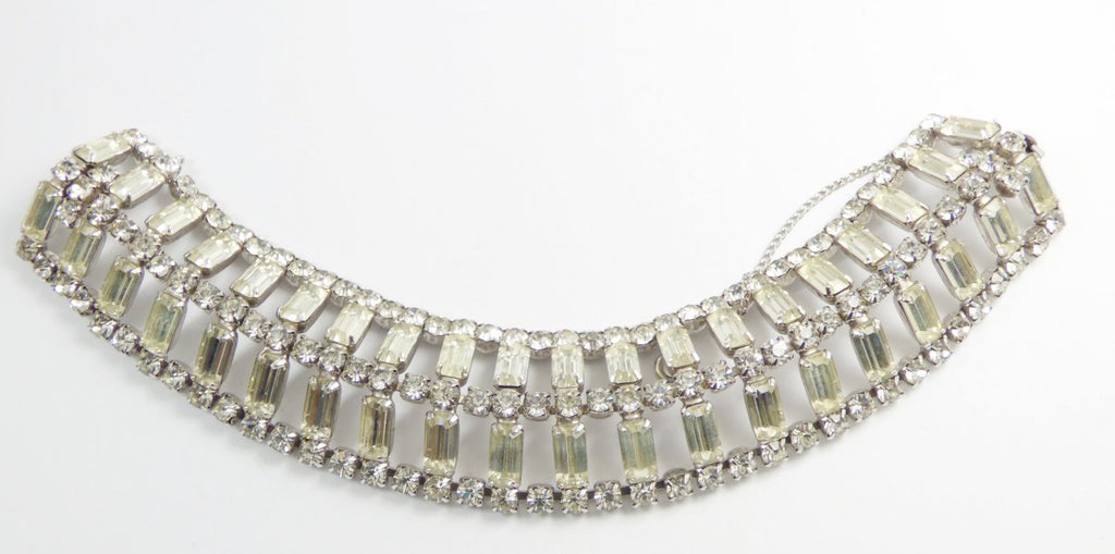 Vintage Baguette Clear Rhinestone Rhodium Plated Bracelet - Vintage Lane Jewelry