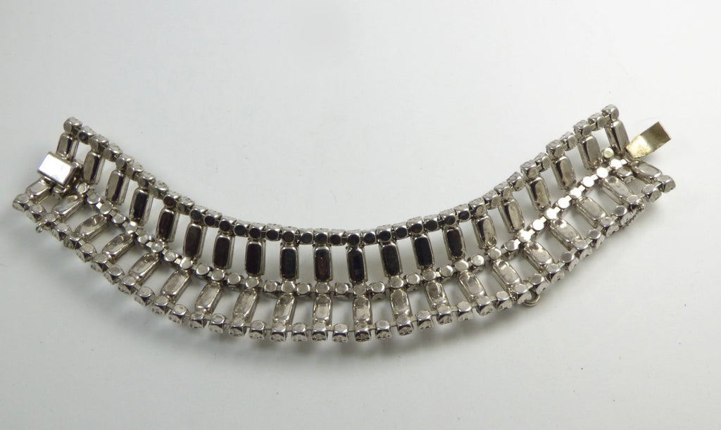 Vintage Baguette Clear Rhinestone Rhodium Plated Bracelet - Vintage Lane Jewelry