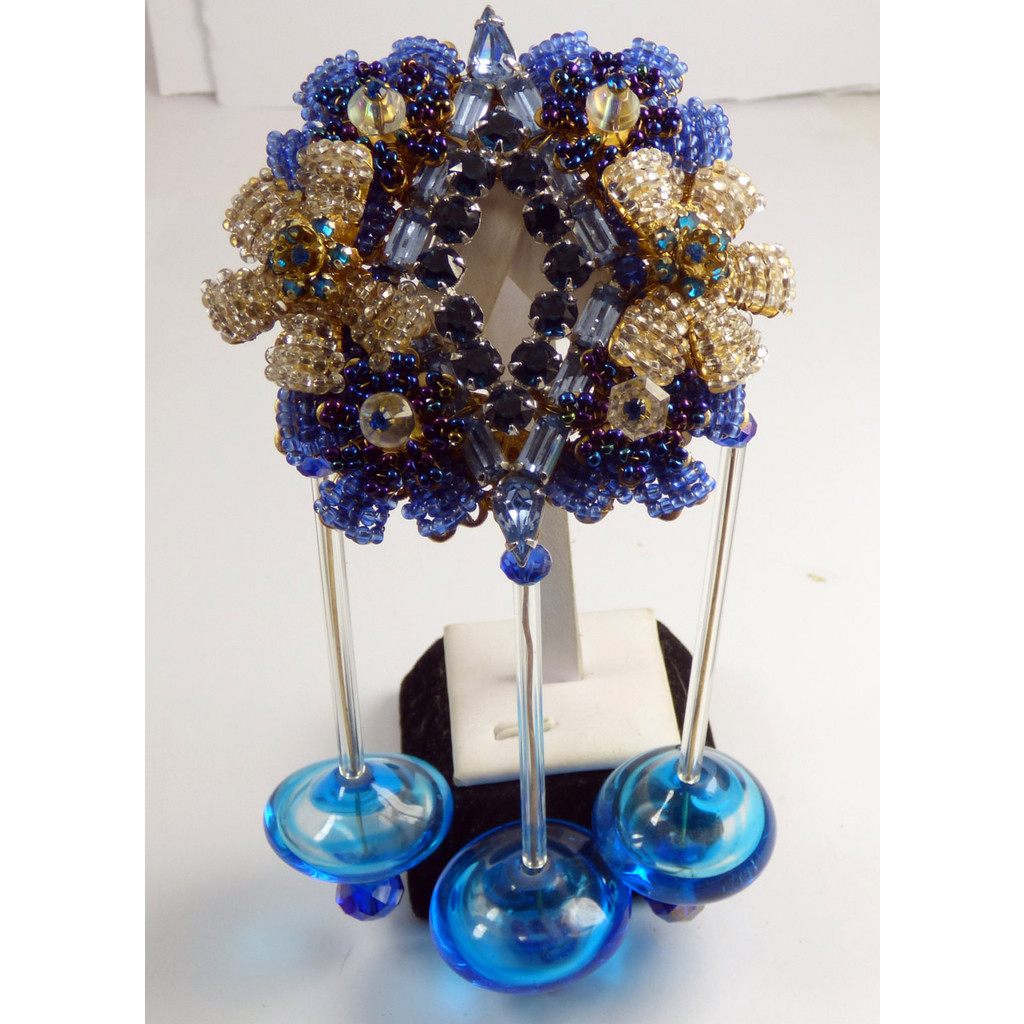 Stanley Hagler Blue Glass Bead and Rhinestone Hand Blown Glass Massive Pin Brooch