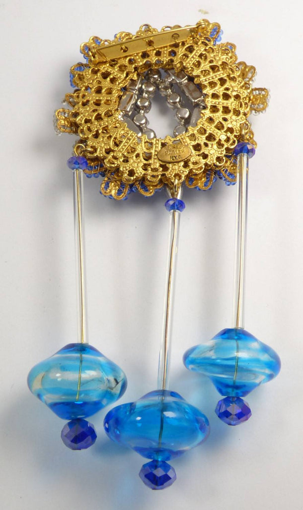 Stanley Hagler Blue Glass Bead and Rhinestone Hand Blown Glass Massive Pin Brooch - Vintage Lane Jewelry