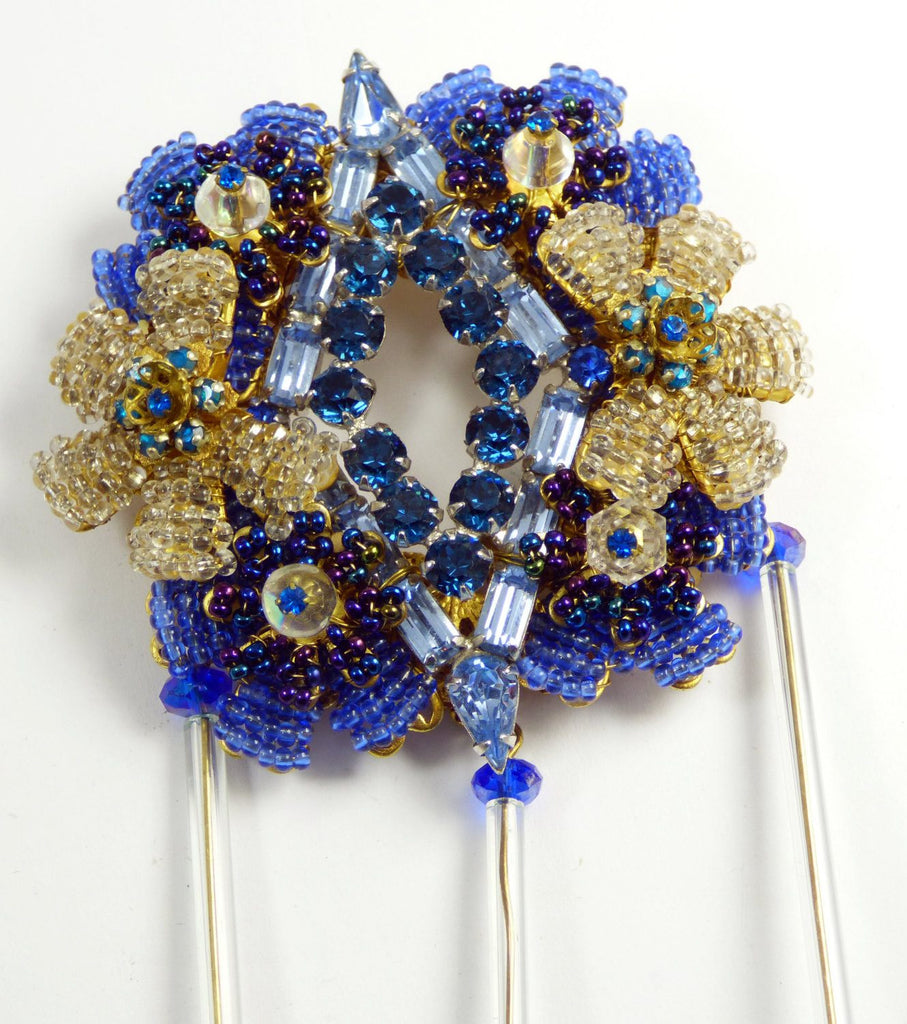 Stanley Hagler Blue Glass Bead and Rhinestone Hand Blown Glass Massive Pin Brooch - Vintage Lane Jewelry