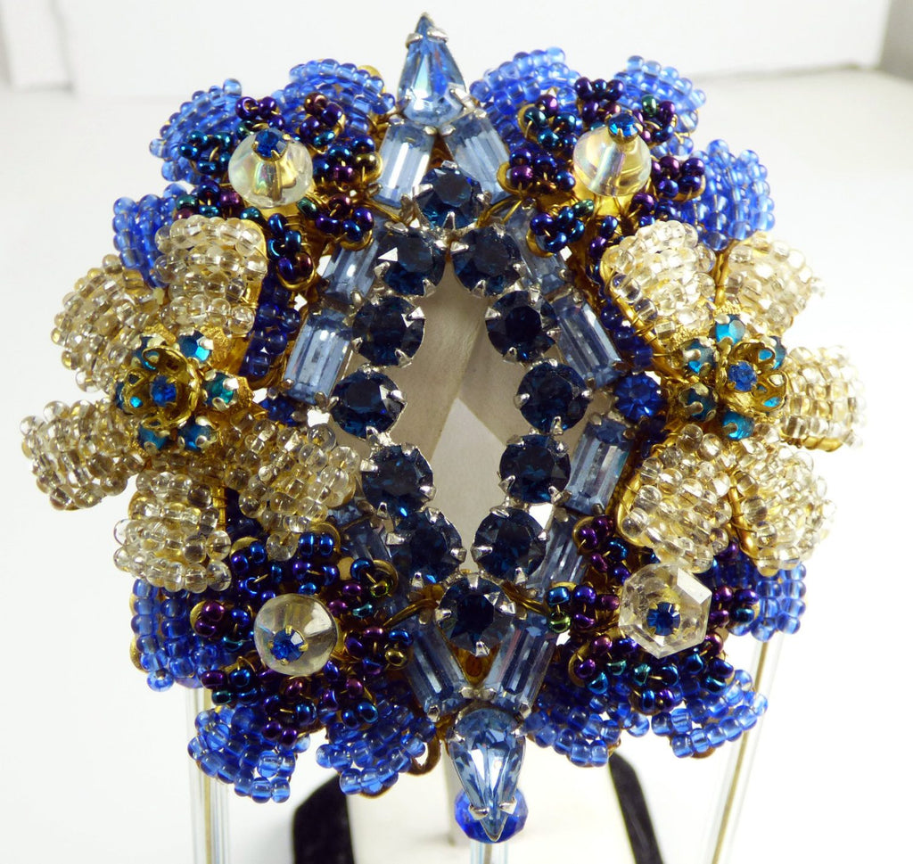 Stanley Hagler Blue Glass Bead and Rhinestone Hand Blown Glass Massive Pin Brooch - Vintage Lane Jewelry