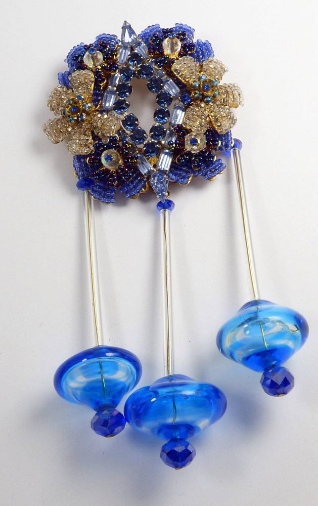 Stanley Hagler Blue Glass Bead and Rhinestone Hand Blown Glass Massive Pin Brooch - Vintage Lane Jewelry