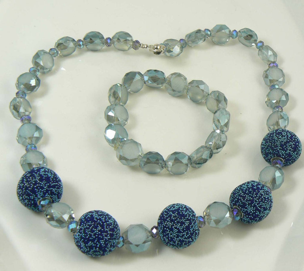Sugar Bead Faceted Glass AB Crystal Midnight Blue and Gray Necklace Bracelet Set