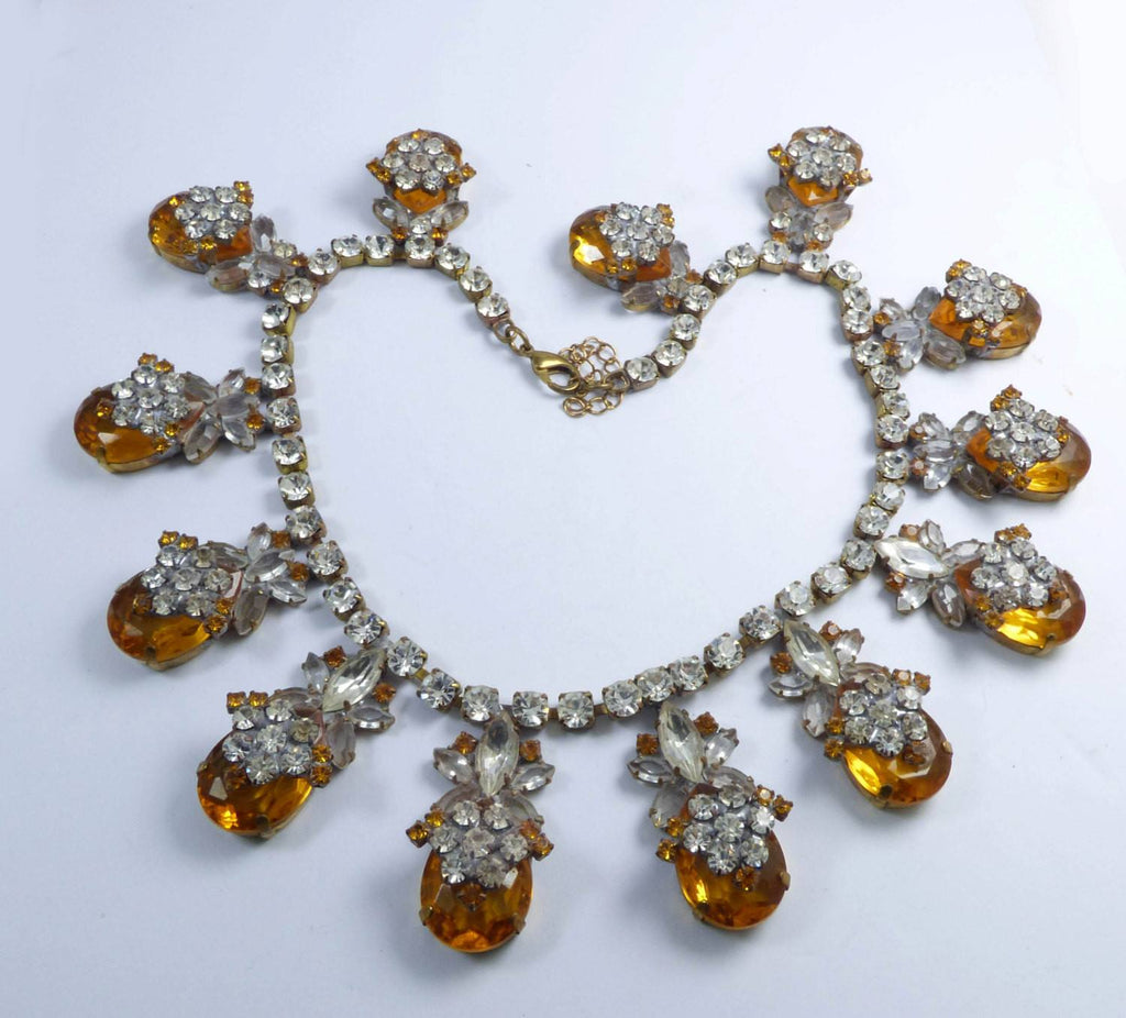 Statement Necklace Czech Glass Large Amber Stones Clear Rhinestones