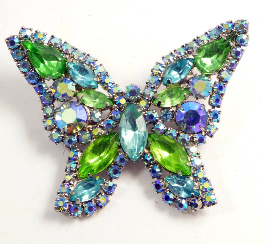 Vintage Weiss Rhinestone Butterfly Brooch, Blue, Green and AB Stones