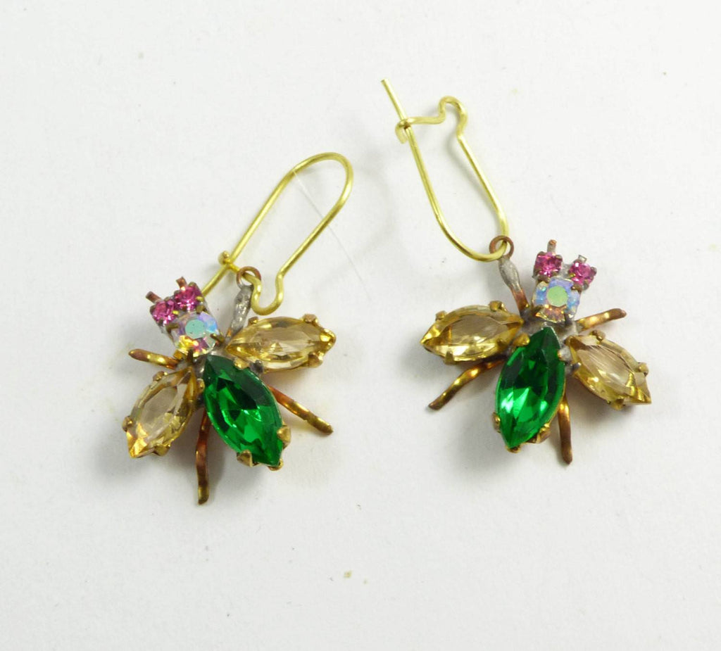 Czech Glass Rhinestone Fly Earrings, Green and Gold Stones
