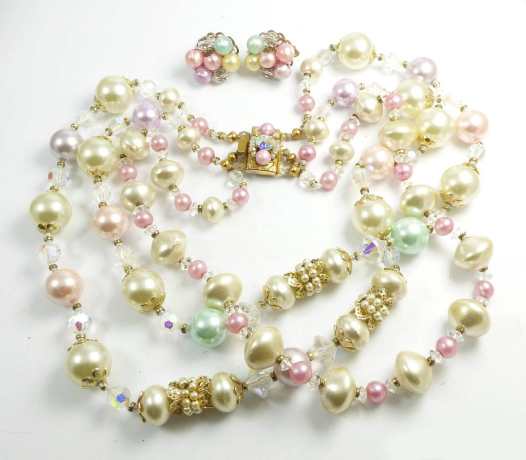 Miriam Haskell Pastel Bead and Crystal Necklace Clip Earring Set