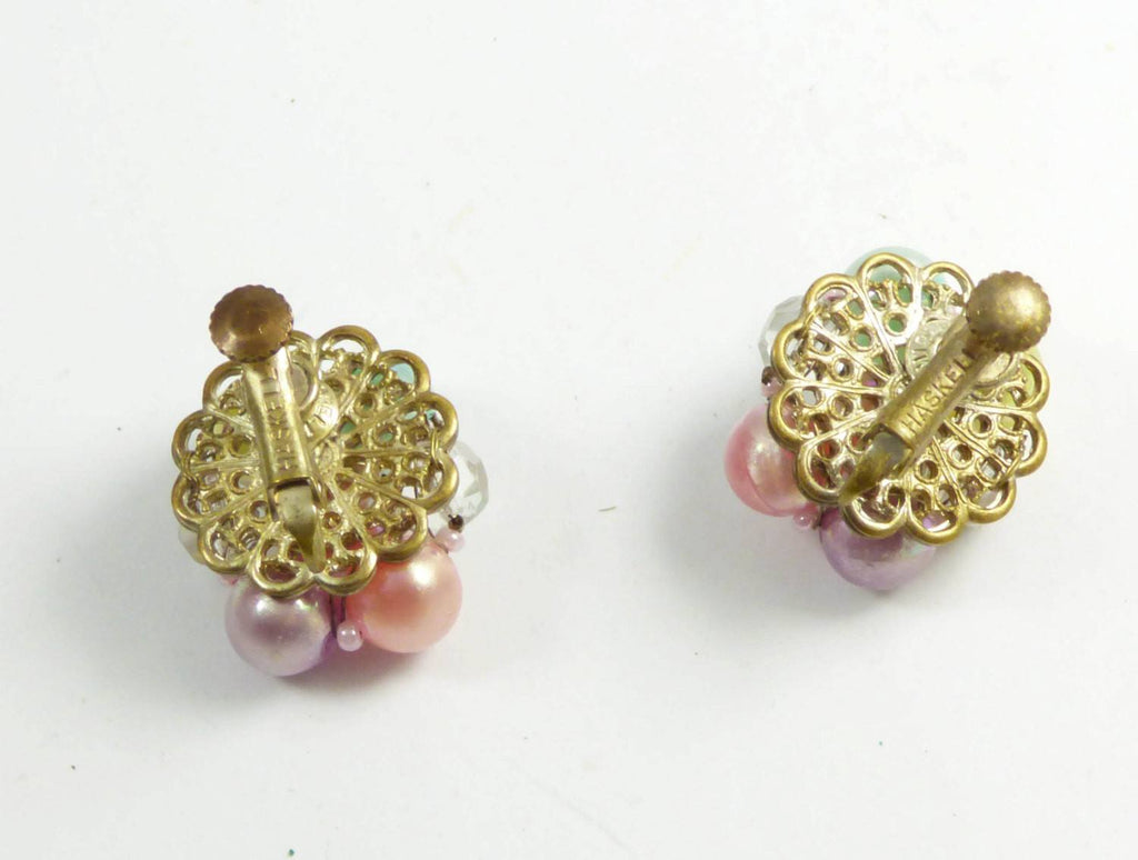 Miriam Haskell Pastel Bead and Crystal Necklace Clip Earring Set - Vintage Lane Jewelry