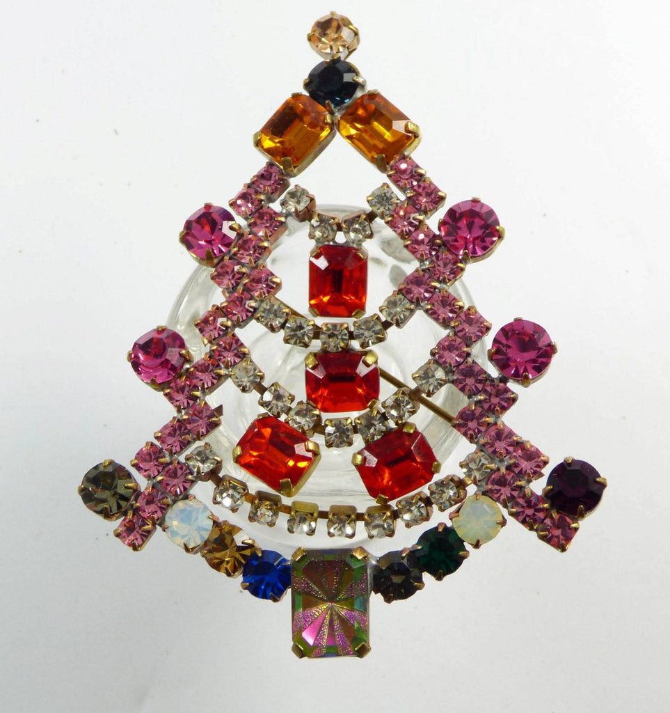 Bijoux M.G. Czech Rhinestone Colorful Christmas Tree Brooch, Xmas Pin, Holiday - Vintage Lane Jewelry