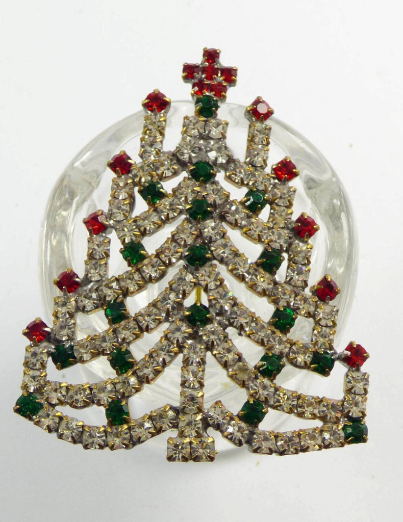 Red, Green and Clear Rhinestone Czech Glass Christmas Tree Brooch, Xmas Pin, Holiday Brooch