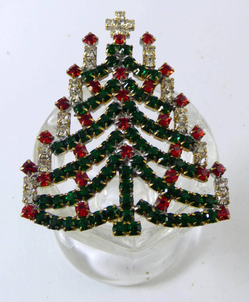 Czech Glass Red, Green, Clear Rhinestone Christmas Tree Brooch, Xmas Pin, Holiday Brooch. Unique vintage